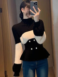 Gentle Little Fragrant Black And White Half-High Collar Lotus Side Long-Sleeved Sweater Knitted Women's Autumn And Winter Repair