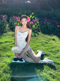 Blanage Printing Fake Two White Sling Dress Women Summer Waists Thin Small Hot Girl Short Skirt