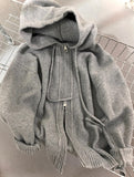 Grey Hooded Sweater Coat Women Loose Spring And Autumn Winter Outside The Lazy Wind Thick Knit Double Zipper Sweater