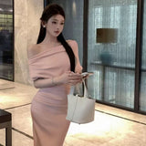 Slanted Collared Shoulder Sexy Waist Temperament Folded Dress French Dress Long Dress Summer Senior Sense