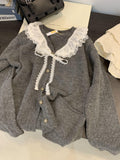Doll-Led Sweater Girl Spring And Autumn Languid Sweet Lace V-Neck Knitted Shirt Coat Gentle Top