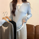 Pure Lust Wind Blue Lazy Knitted Bottom Shirt Women Spring And Autumn New Fake Two Splicing Loose Thin Inside Cloth