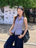 Blue-Green Lattice Polo Collar Vest Sling Suit 2026 Summer New Design Sense Loose Thin Sleeveless Top