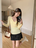 Korean Wearing Yellow V-Neck Long-Sleeved Knitted Shirt Women's Spring And Summer New Pitted Texture Soft-Cuff Small Blouse