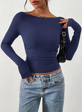 Women's Long Sleeve 2025 Autumn Word Collar Basic T-Shirt Casual Rib Knitted Corrugated Tribs