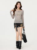 Gray Word Collar Shoulder Long-Sleeved Printed T-Shirt 2026 Early Spring New Set-Up Shirt Repair Body