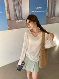 Spring And Autumn French Small Through The Wooden Ear V-Neck Long Sleeves Women Pure Thin Sunscreen Hoodie Loose T-Shirt High-End Feel Top
