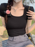 Milk Yellow Low-Collar Bosom Big Hot Babes Shoulder Short-Sleeved T-Shirt Girl Design Sense Of Small Body Summer Pure Desire Blouse