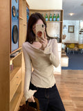 Linen High-End Feel Oblique Shoulder Long-Sleeved T-Shirt 2026 Autumn Collared Shoulder-Bottomed Shirt Inside The Shirt
