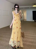 French Beautiful Yellow Lotus Edge V-Neck Crumbs Hanging Dress Women's Summer Super Good-Looking Dopamine Waist Dress
