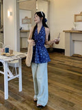 French Hanging Neck Broken Flower V-Neck Vest Shirt Women's Summer Skirt Throttling Waist Shirt Chic Sweet Spicy Small Top