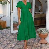Dili 2025 Spring/Summer Leisure Commuting Holiday Wind V. Collar High-Waist Short-Sleeved Open-Fork Dress Woman