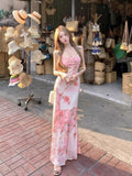 French Romantic Floral Sling Dress Women's Summer Seaside Holiday To Show Thin Fishtail Ass Skirt Net Yarn Dress