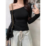 Leave Long-Sleeved T-Shirt Women's Early Autumn 2025 New Body-Repair Shirt Design Feels Beautiful Oblique Shoulder Sweet Hottie Top