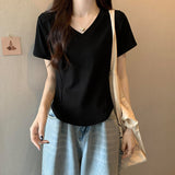 White Short-Sleeved T-Shirt Women's Summer Front Shoulder Thin Design Embody Irregular Short V-Neck Collar Collar Collar Collar Collar Collar Collar Collar Collar Collar Collar