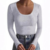 2026 New Burst Threaded Pit Strips Long-Sleeved Sexy U-Neck Casual Women's T-Shirt