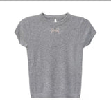 Blue Bow Embroidered Thin Knitted Short-Sleeved T-Shirt Women 2025 New Fashion Shoulder Shirt Top