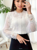 New Elegant Solid-Colored Yarn Long-Sleeved Bubble Sleeve Collar Collar Collar Women's Lace Shirt