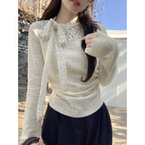 French Lace Yarn Half-High-Neck Long-Sleeved Bottom Shirt Women's Autumn And Winter New Hollow Tying Temperament Top