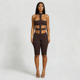 New Solid Color Trend Hollow Body Hanging Neck Elastic Trousers Jumpsuit Woman
