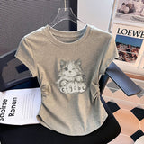 Pure Cotton Short-Sleeved Female Design Sense Niche Cat Print Short-Sleeved T-Shirt Summer Body Straight Shoulder Chic Beautiful Top
