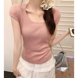 U-Neck Pure Thin Knitted Short-Sleeved T-Shirt For Girls Summer Shoulder-Repair Slime White Short Bottom Small Top