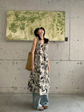 Ink Print Sling Skirt Summer Girl Retro Folded Texture Loose Sleeveless Dress Long Skirt
