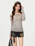 Gray Word Collar Shoulder Long-Sleeved Printed T-Shirt 2026 Early Spring New Set-Up Shirt Repair Body