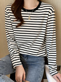 Pure Cotton Shoulder Long-Sleeved T-Shirt Women 2025 Spring And Autumn New Loose Striped Bottom Shirt Inside The T-Shirt Bloat