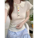 Cun Chic Color Button POLO Collar Short-Sleeved T-Shirt For Girls Summer Slimming Folded Waist Design Blouse