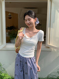 Red Button Half-Neck Round Sleeve 2026 Summer New Folding Repair Slimming Hottie Short Top