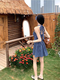 Korean Blue Lattice Hanging Neck Dress Women Summer Sleeveless Bow Bow A Word Skirt Sweet Babes Short Skirt