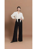 Han Feng Smart Wear Autumn Free Iron-Free Long-Sleeved Beads Button V Tie Shirt Top