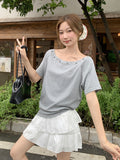 Korean Babes Embroidered Willow Collar Short-Sleeved T-Shirt Girl 2026 Summer Loose One-Word Shoulder Blouse