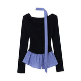 Fake Two Lattice Splicing A Shoulder-To-Shoulder Shirt Women's Autumn And Winter 2026 New Unique Special Hot Girl Top