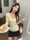 Korean Wearing Yellow V-Neck Long-Sleeved Knitted Shirt Women's Spring And Summer New Pitted Texture Soft-Cuff Small Blouse