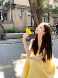 Tea Break French Yellow Sling Dress Women Summer Gentle Wind Seaside Holiday Waist Thin Beach Long Skirt