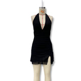 Summer New Sexy Hottie Hanging Neck Bag Ass Skirt Deep V Collar Open Fork Short Dress Woman