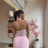 2025 Summer Women's Net Yarn Dress Sexy Sleeveless Hanging Neck Tidal Bag Hip Short Dress