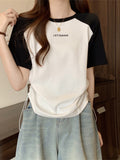 Vintage Shoulder-Sleeved T-Shirt Women's New Summer Design Small Drawstring Thin Cotton T-Shirt