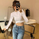 Milk White Gray Collar Shoulder Long Sleeves Solid-Colored T-Shirt Women's Early Autumn New Bottom Shirt Top