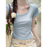 Solid Color Short-Sleeved T-Shirt Women 2025 Summer New Hong Kong Wind Chic Design Round Collar Short Elastic Sympath