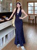 Blue Hanging Neck Slings Crumice Waist Dress Women 2025 New Summer Lace French Dress Seaside Holiday Wind