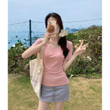 Black V-Neck Front Shoulder Short-Sleeved T-Shirt Woman Pure Want To Slim Hottie Low Collar Collar Collar Half-Sleeved Summer Small Top