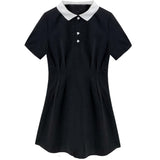 College Style POLO Collar Black Waist Temperament Dress Female 2025 Summer New Student Black Dress