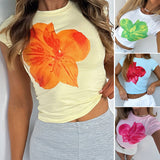 Dili 2025 Spring/Summer Y2K Top Women's Casually Fit Waist Flower Print Short-Sleeved T-Shirt
