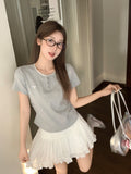 Korean Unique Fashion Shoulder Short-Sleeved T-Shirt For Summer New Lace Spliced Embroidered Bow Blouse