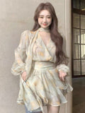 Tea Break French Dress Long Sleeve V Collar Bubble Sleeves To Close Waist Yellow Floral Dress Temperament Waist Fairy Dress Summer Autumn