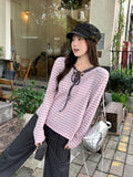 Pink Striped Strap Design Sense Round Collar Long-Sleeved T-Shirt Women Early Autumn Loose Lazy Bottom Shirt Inside The Top