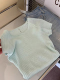 Mint Green Knitted Shoulder Ice Silk Short-Sleeved T-Shirt Women 2025 New Burst Summer Dopamine Chic Top